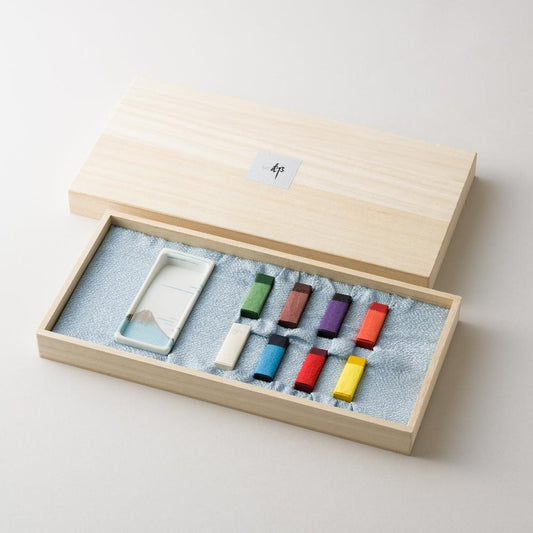 【KISHU & ARITA】 Arita Porcelain suzuri (OMOTE) - FUJISAN & 8 watercolor sumi ink sticks good for calligraphy and sumie painting